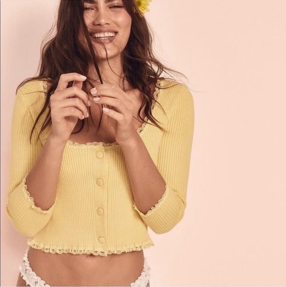 🍋For Love and Lemons Nina Ribbed Cropped Cardigan Top - Picture 1 of 8